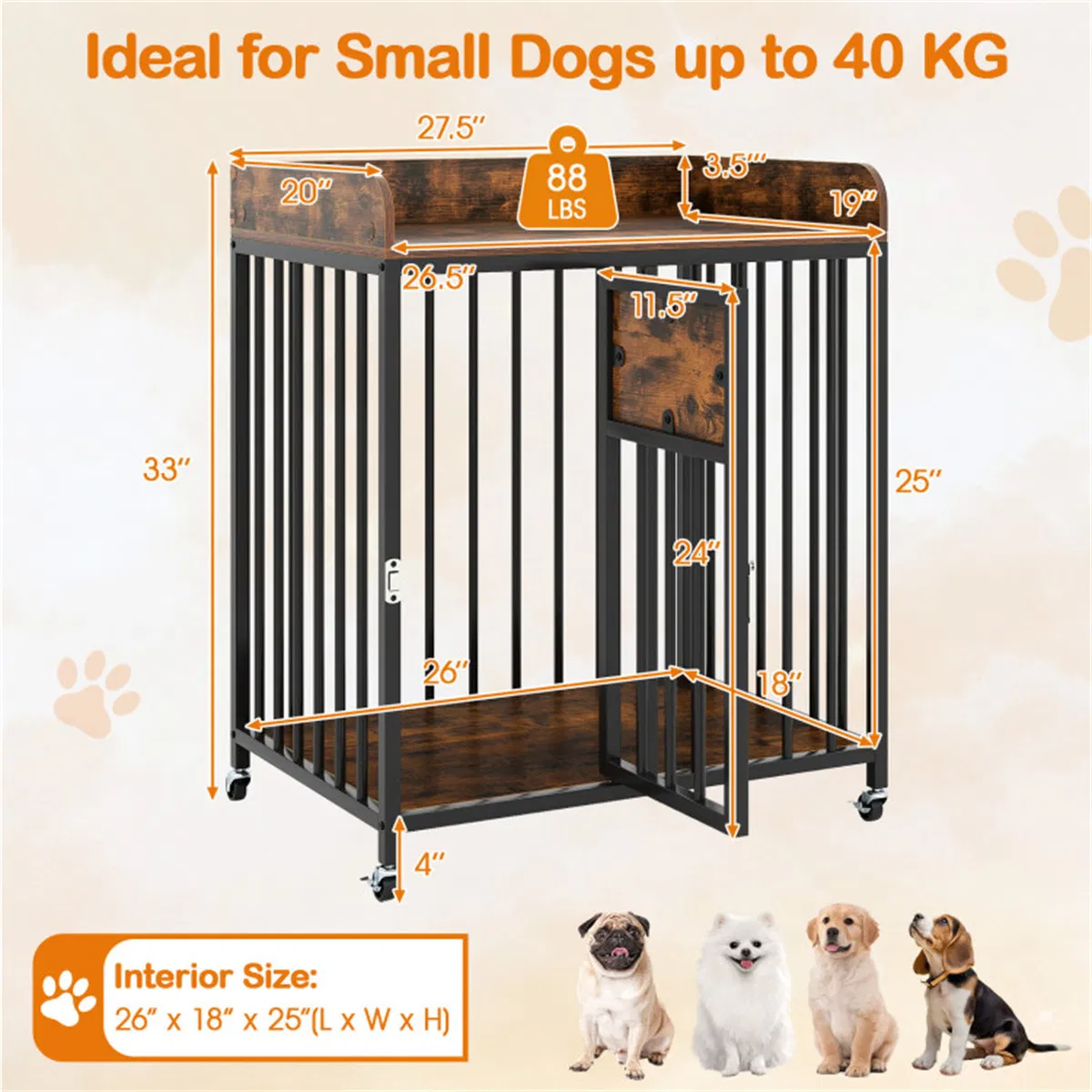 2-in-1 furniture style dog crate with lockable wheels and rustic brown metal frame