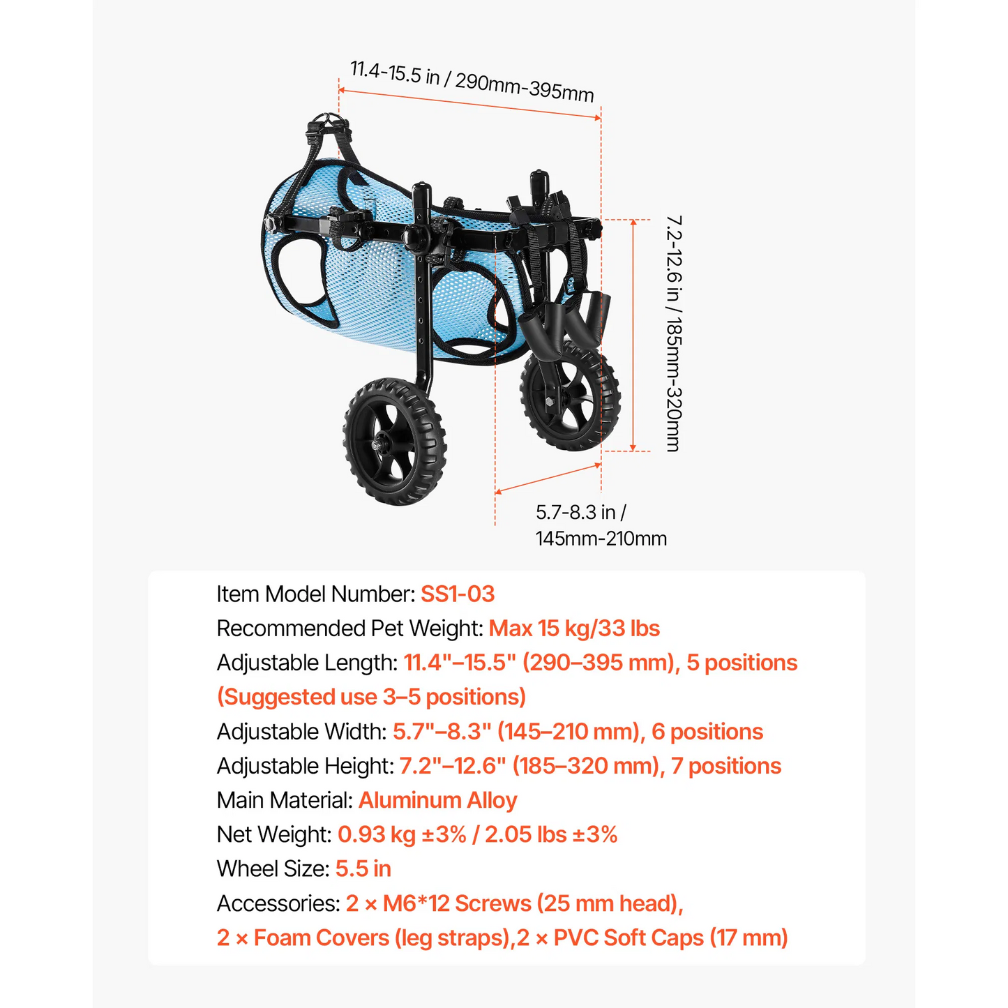 Adjustable 2 Wheels Dog Wheelchair - up to 33lbs