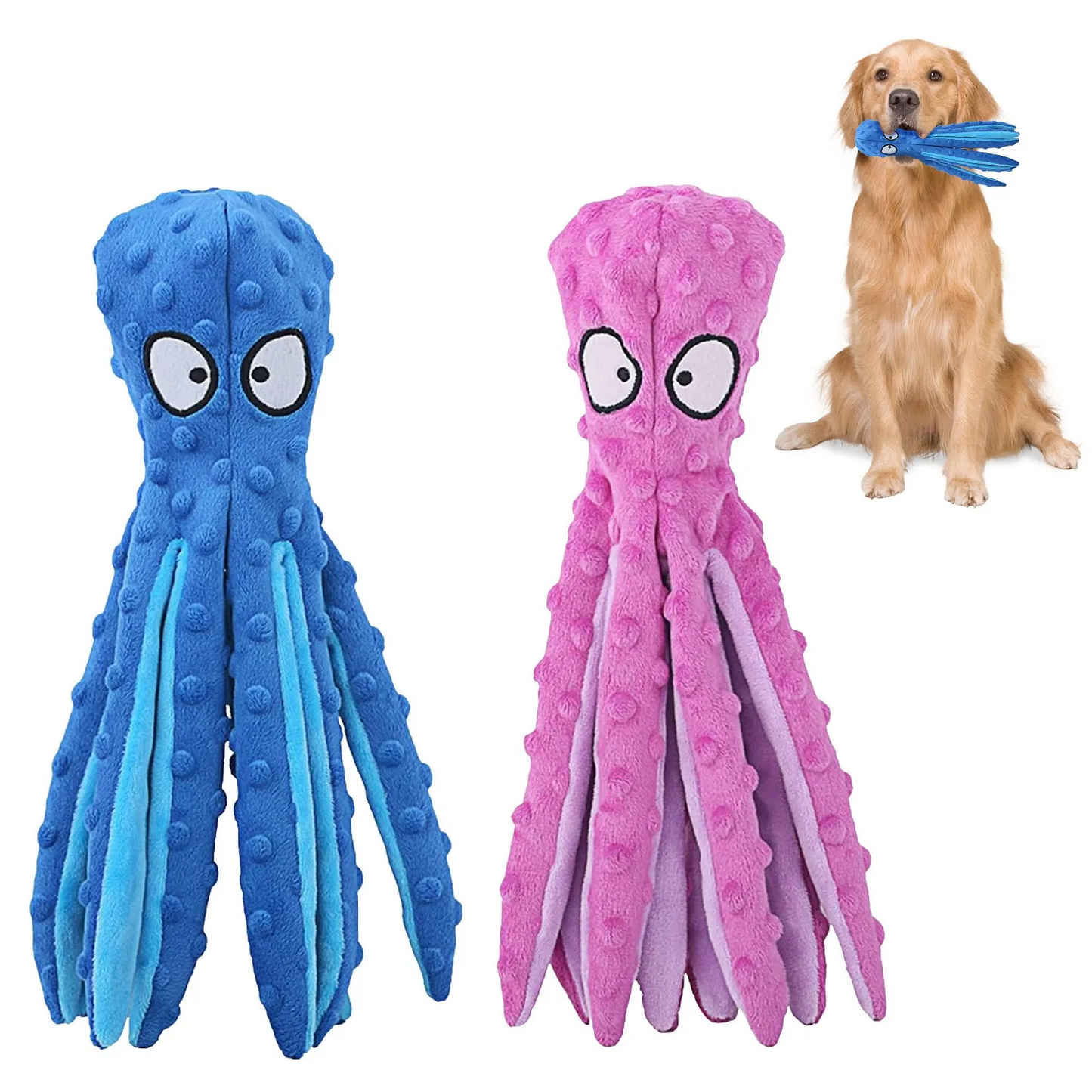 Two colorful interactive octopus-shaped dog plush toys with squeaky heads and legs designed for safe chewing and playful training
