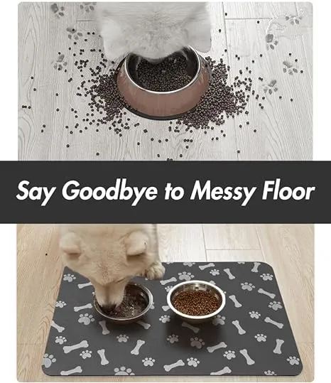 Waterproof dog food mat with non-slip backing protecting floors from spills and stains