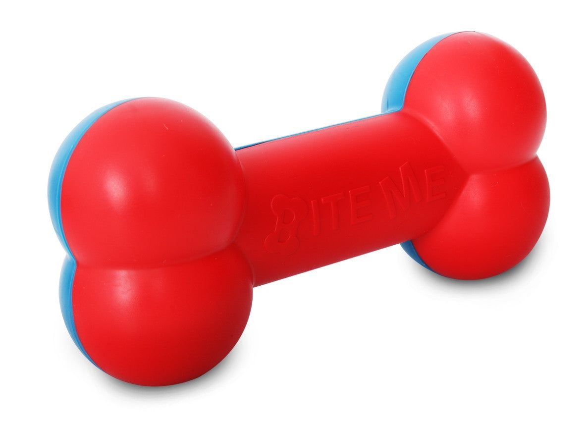 Durable red and blue bone shaped dog chew toy floating on water for teething and fetching