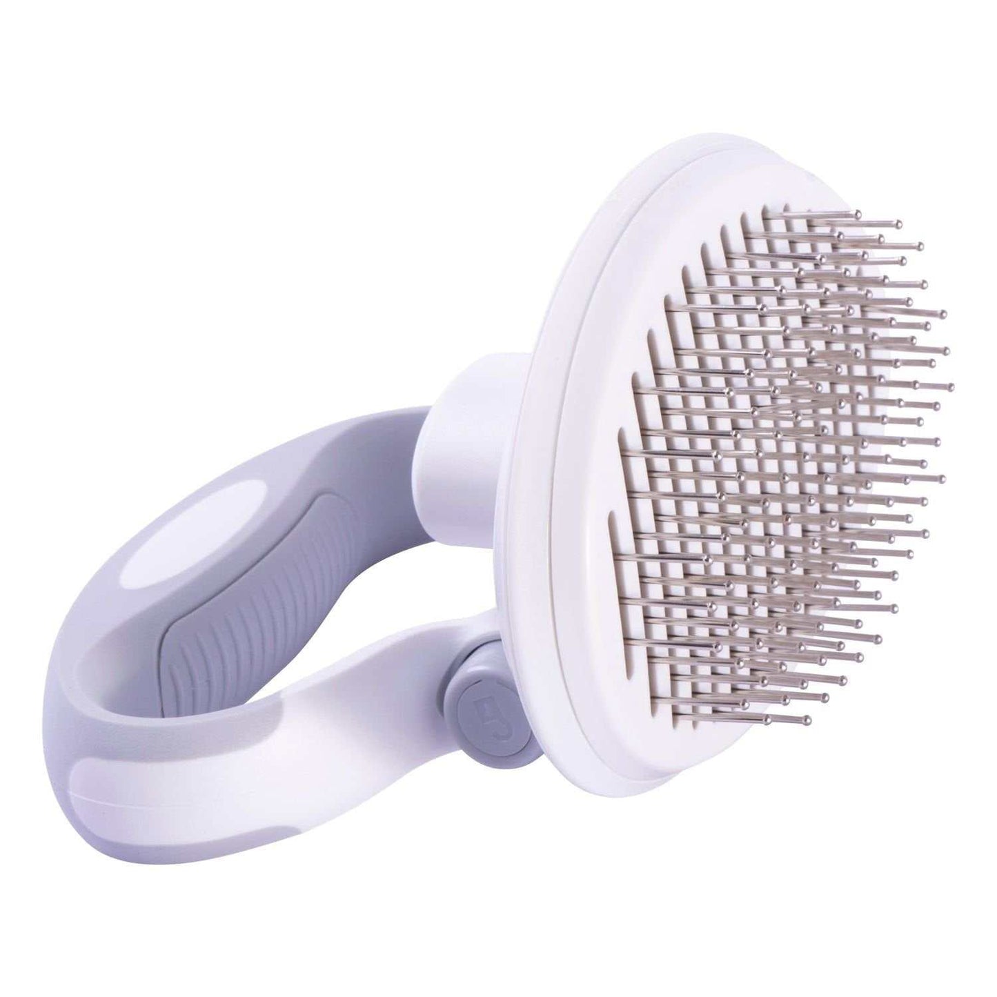 Compact dog brush with rotating handle and self-cleaning eject button for travel use
