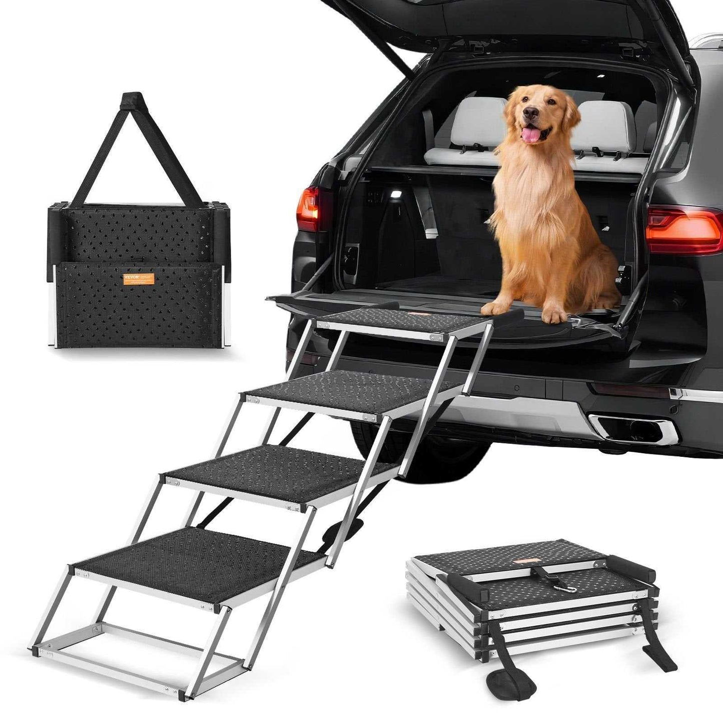 4-step aluminum folding dog steps with non-slip surface for pets up to 250 lbs, portable and adjustable height for car access
