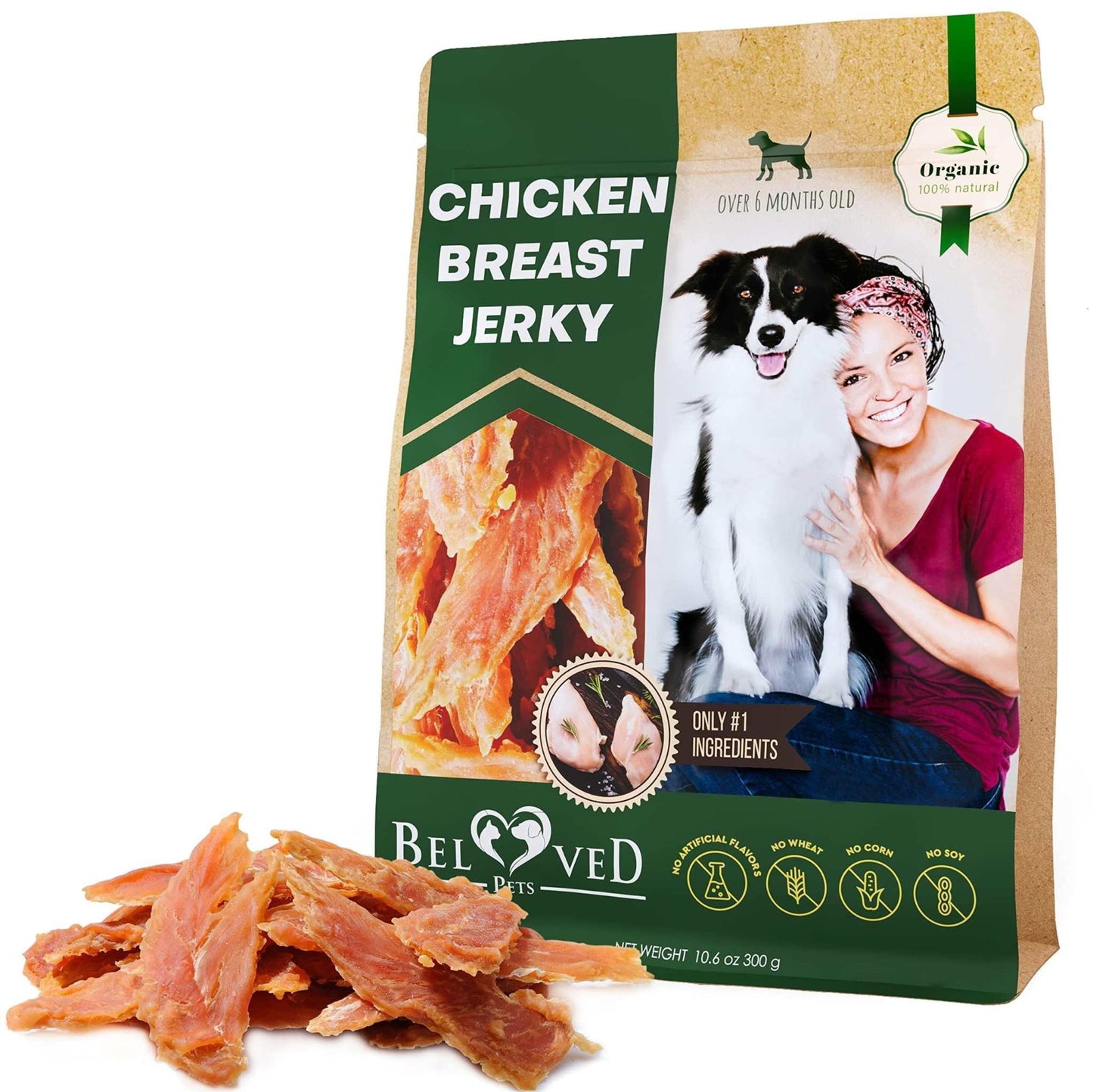 Natural chicken dog jerky treats for training and dental health
