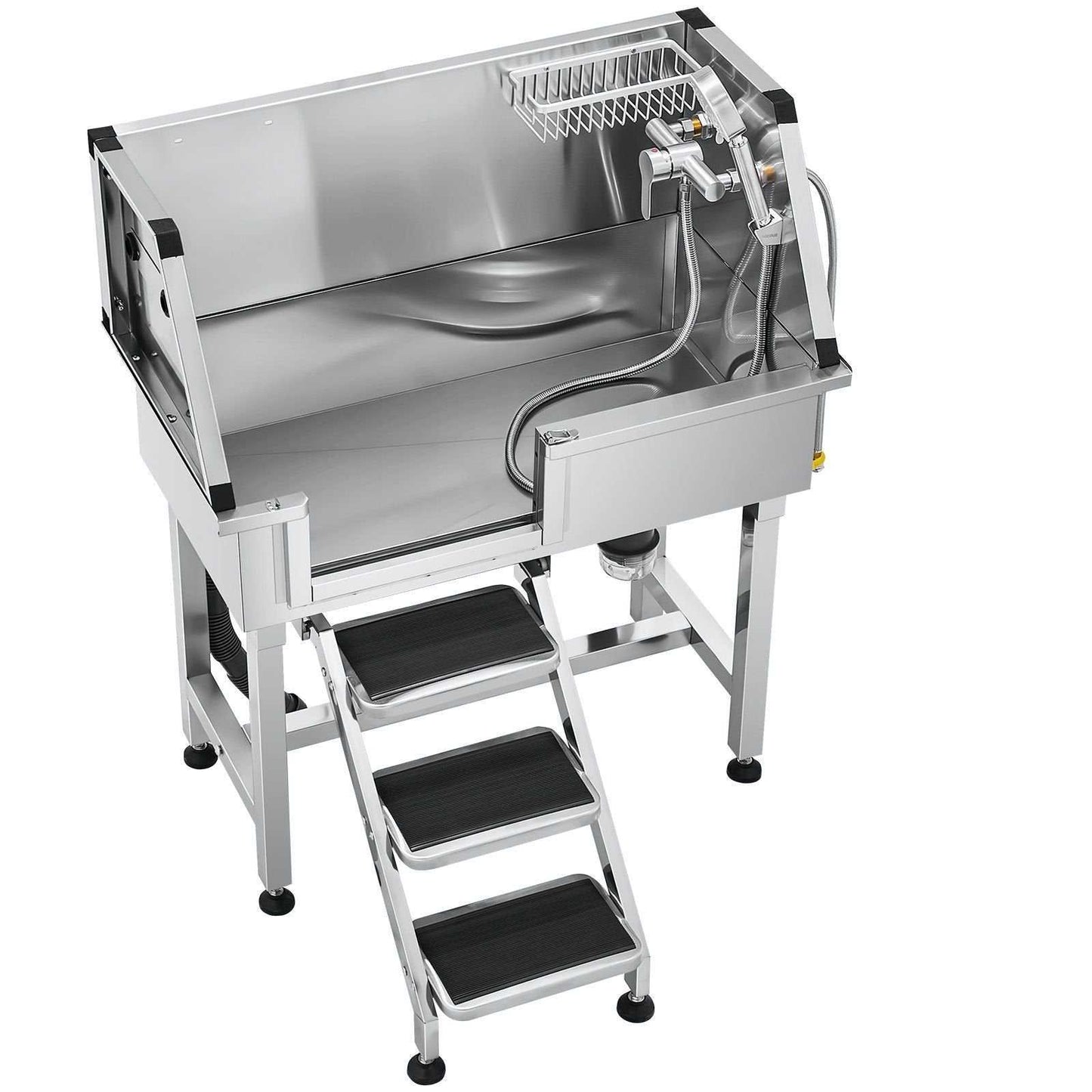 34-Inch Dog Stainless Steel Elevated Dog Bath with hot and cold faucets, dual-control showerhead, anti-slip stairs, and soap holder for easy pet grooming