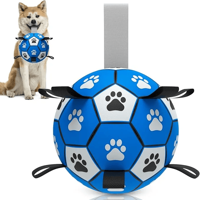 6-inch dog fetch soccer ball toy with straps for outdoor play and exercise