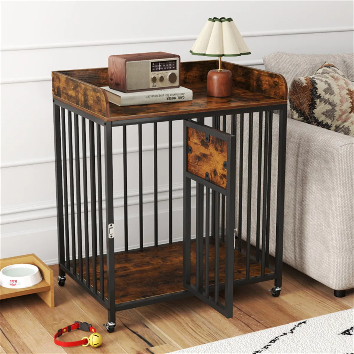 Rustic brown 2-in-1 furniture style dog crate with lockable wheels and metal frame