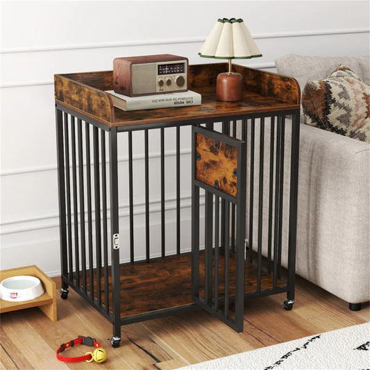 Rustic brown 2-in-1 furniture style dog crate with lockable wheels and metal frame