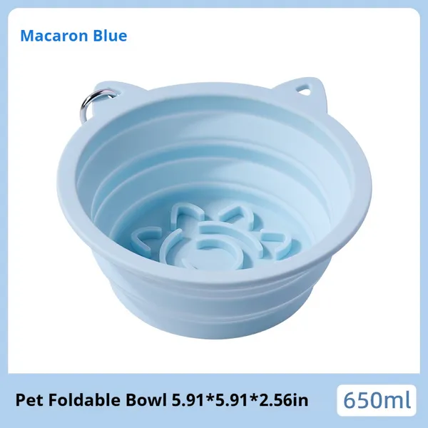 Collapsible travel dog bowl made of durable silicone with suction cups and hook for portability