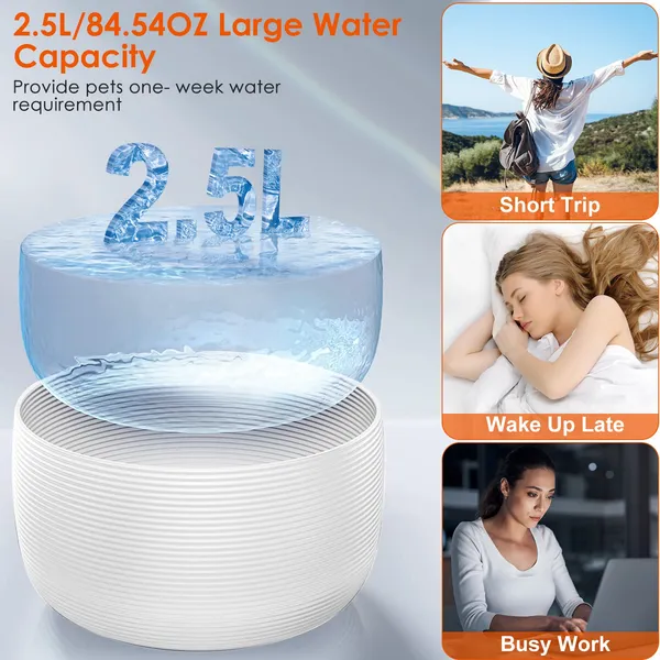 2.5L Pet Water Fountain with 7 replaceable filters and ultra-quiet pump for small and medium pets