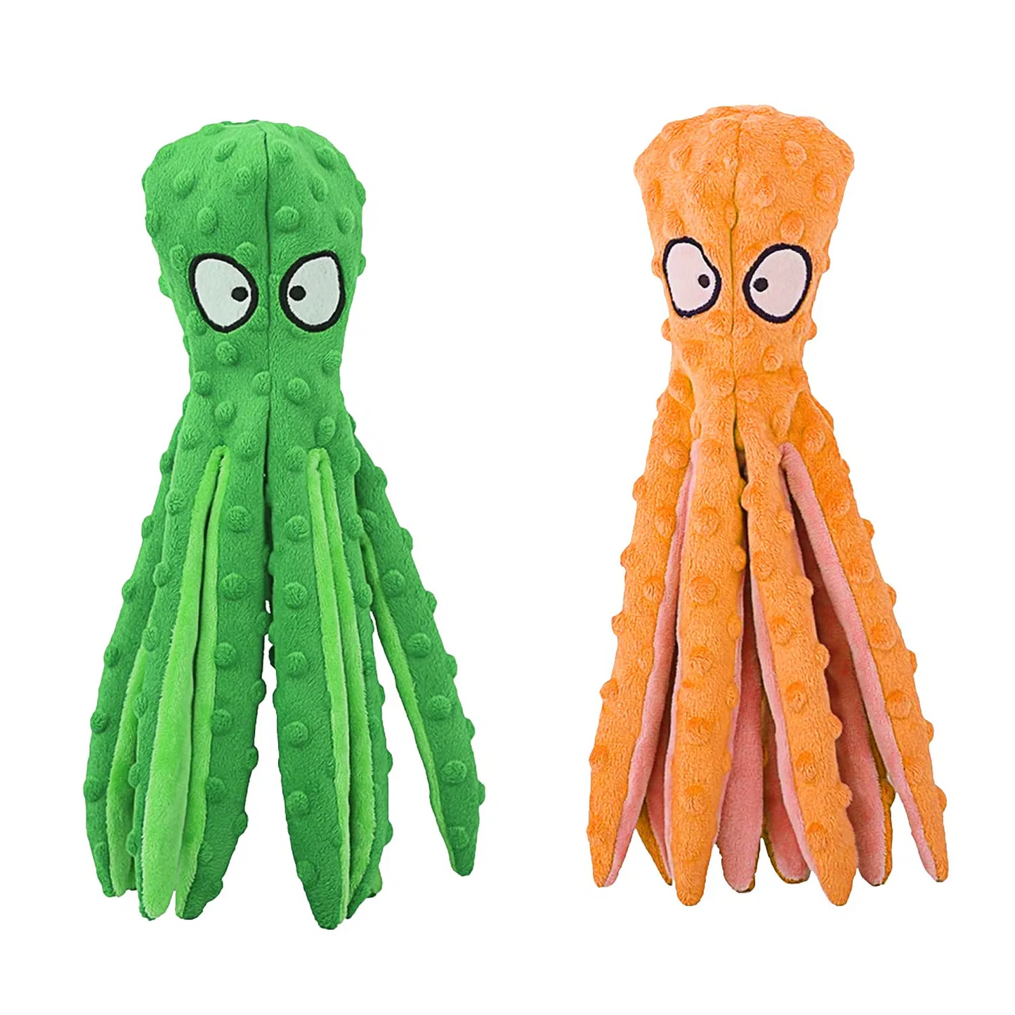 Two octopus-shaped interactive dog plush toys in green and orange and blue and pink colors