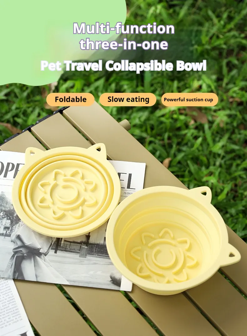 Collapsible travel dog bowl made of food-grade silicone with suction base and hook for easy carrying