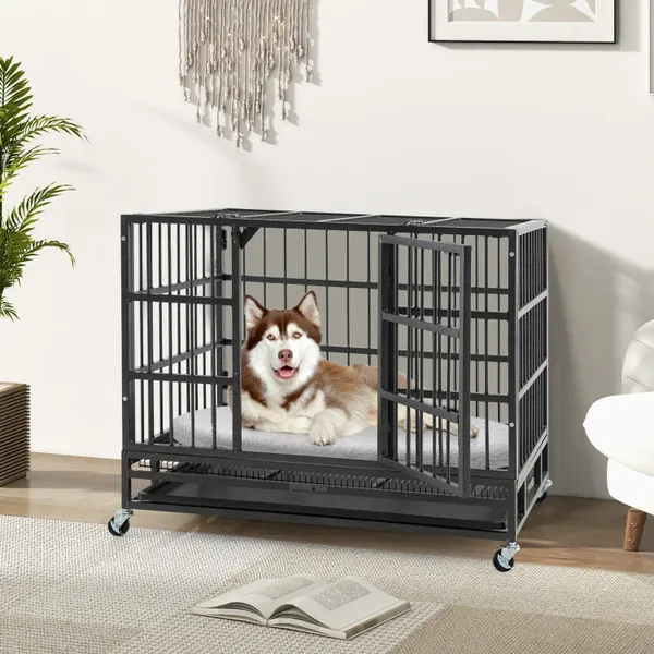 38 inch foldable heavy-duty metal dog cage with lockable rolling casters and double locking doors