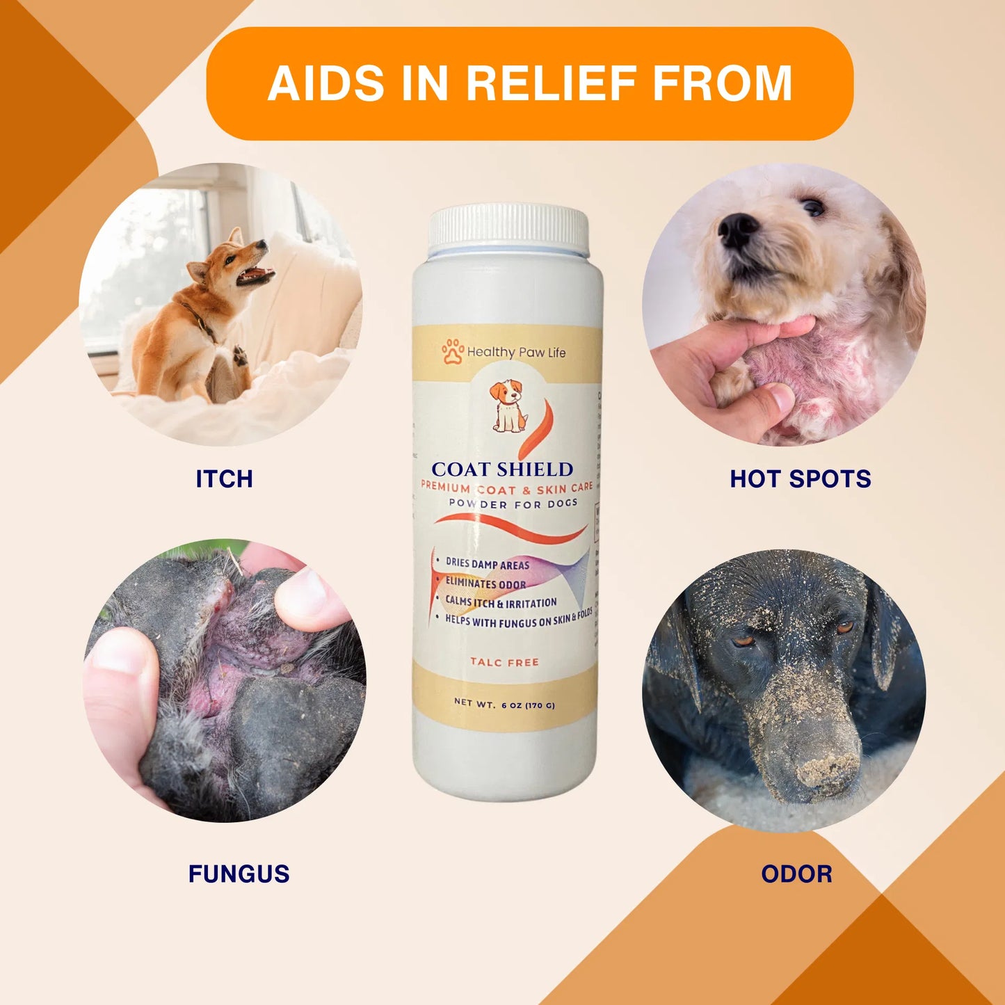 Bottle of dry powder and gentle skin cleanser for dogs combating yeast infections and odor