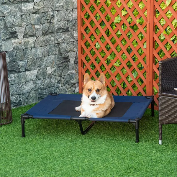 Cooling raised dog cot with breathable mesh and sturdy steel frame for pets under 70 lbs elevated 7 inches off ground