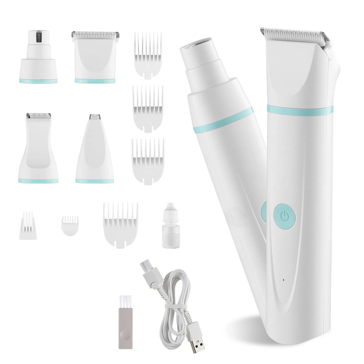4-in-1 Pet Grooming Kit with four blades, six guide combs, quiet motor, waterproof design, and USB fast charging for efficient dog grooming