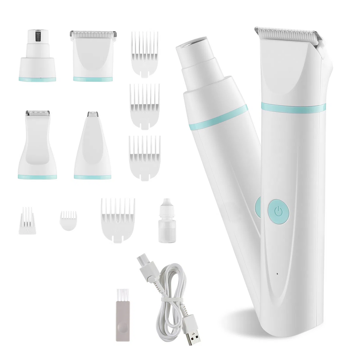 4-in-1 Pet Grooming Kit with four blades, six guide combs, quiet motor, waterproof design, and USB fast charging for efficient dog grooming