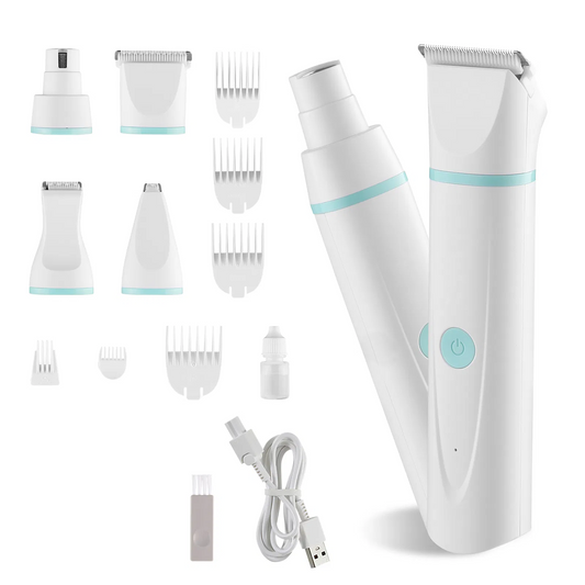 4-in-1 Pet Grooming Kit with four blades, six guide combs, quiet motor, waterproof design, and USB fast charging for efficient dog grooming