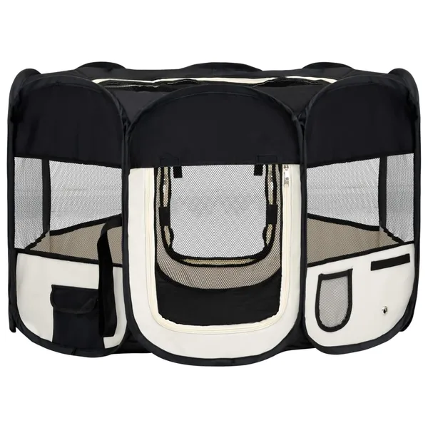 Foldable blue and cream octagonal dog playpen with mesh panels for indoor and outdoor use