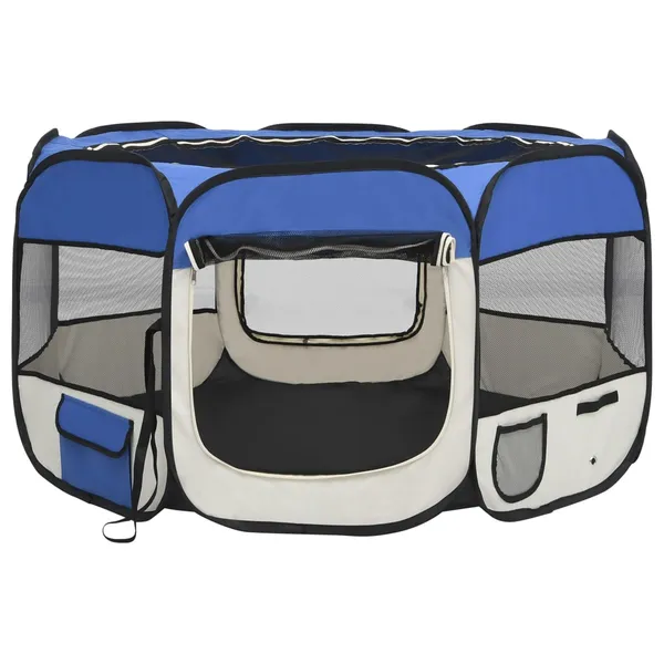 Foldable blue and cream dog playpen with mesh panels, octagonal shape, and lightweight polyester design for indoor and outdoor use