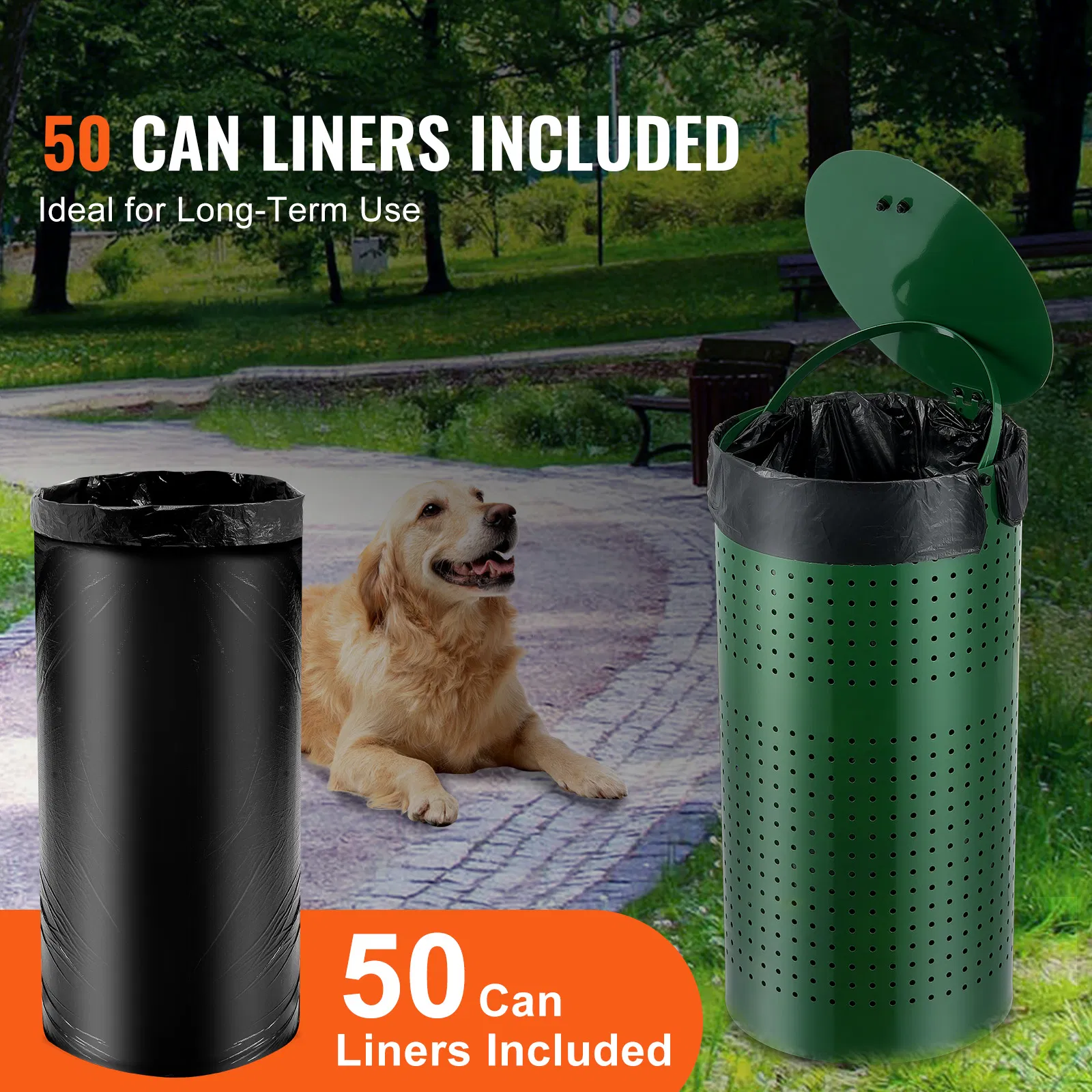Dog waste disposal system with 11.5-gallon galvanized steel trash can and 50 liner bags, featuring odor-resistant lid and inner liner clip for easy cleanup