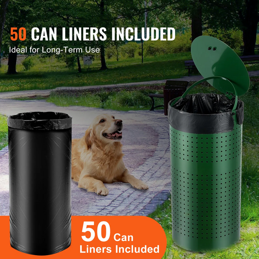 Dog waste disposal system with 11.5-gallon galvanized steel trash can and 50 liner bags, featuring odor-resistant lid and inner liner clip for easy cleanup