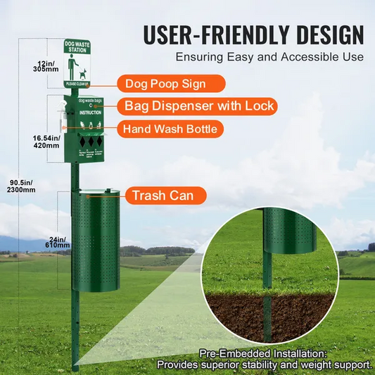 Green galvanized steel dog waste station with hand wash bottle and bag dispenser in outdoor setting