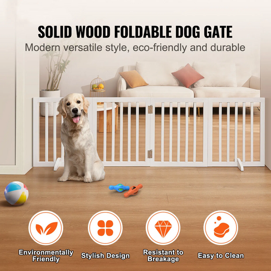 4 panel folding freestanding wooden dog gate with quick-release hinges and anti-slip feet in a home setting