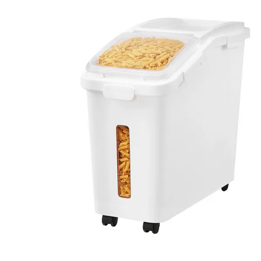 11.4 gallon dog food storage container with wheels, airtight seal, clear lid, and stackable design