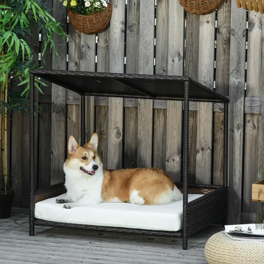 Covered wicker dog bed with cushion and sloped roof for small to medium dogs