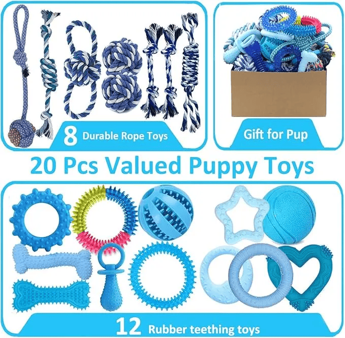 20 Pack Dog Chew Toys set with various textured shapes for puppy teething and dental health