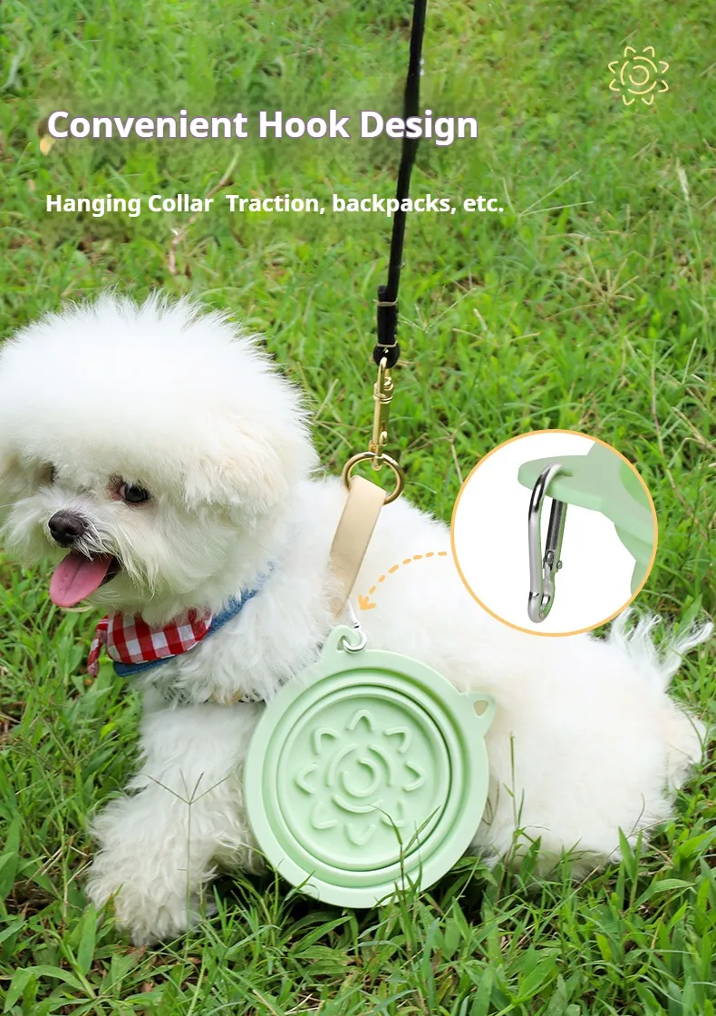Collapsible travel dog bowl made of silicone with suction cups and hook for easy carrying