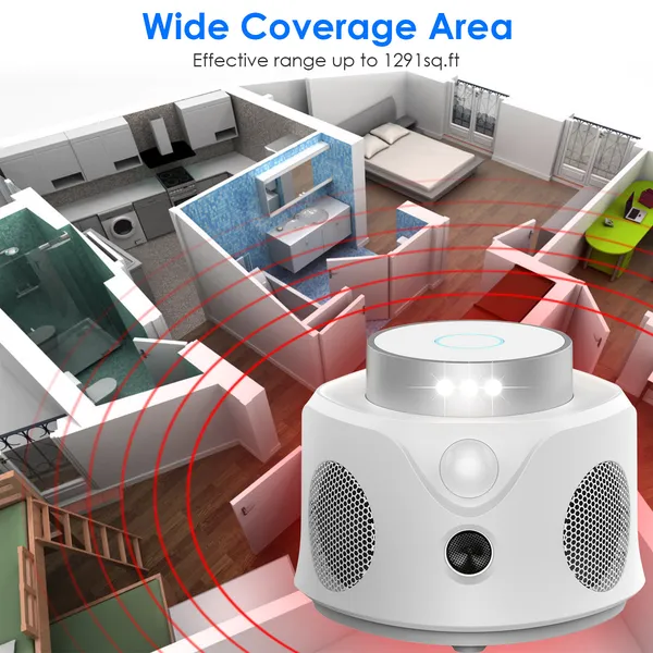 360° ultrasonic pest repeller device with 4 speakers and 9 LED strobe lights for rodent and insect control indoors
