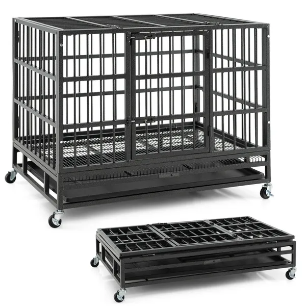 38 inch foldable heavy-duty metal dog cage with lockable rolling casters and double locking doors