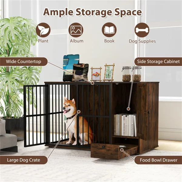 2-in-1 furniture style dog crate in coffee color with pull-out feeder and sturdy metal frame