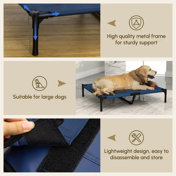 Cooling raised dog cot with breathable mesh and steel frame for indoor and outdoor pet comfort