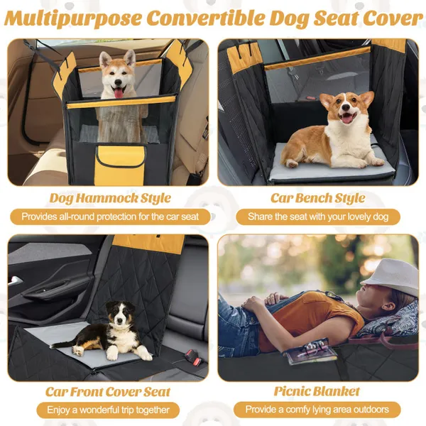 Dog car seat cover with mesh window, durable fabric, removable pad, safety belt, and storage pocket installed in a car back seat