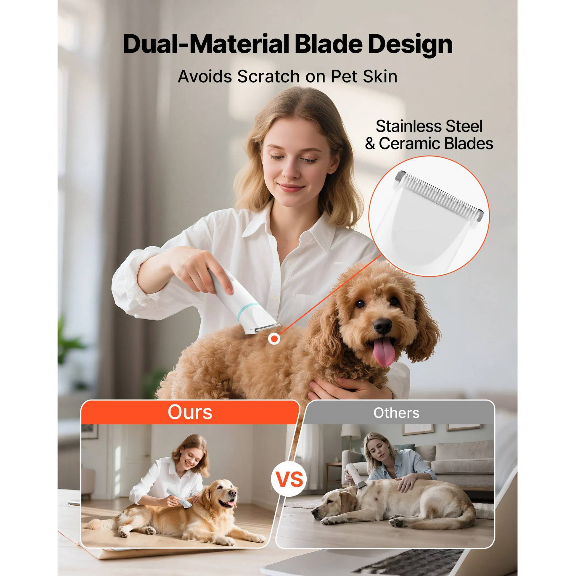 4-in-1 Pet Grooming Kit with 4 blades, guide combs, quiet motor, waterproof design, and USB charging for dog hair trimming and nail grinding