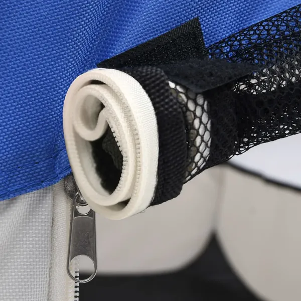 Foldable blue and cream octagonal dog playpen with mesh panels for indoor and outdoor use
