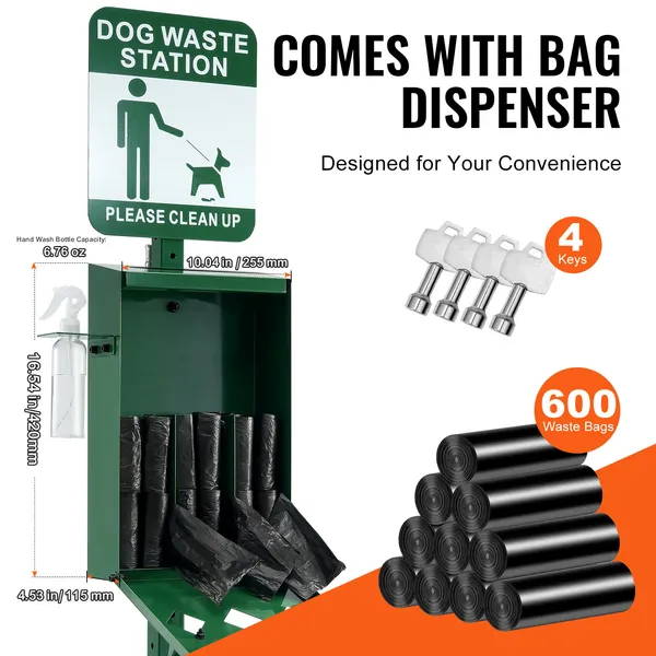 Green galvanized steel dog waste station with hand wash bottle, bag dispenser, and 11.5-gallon trash can.