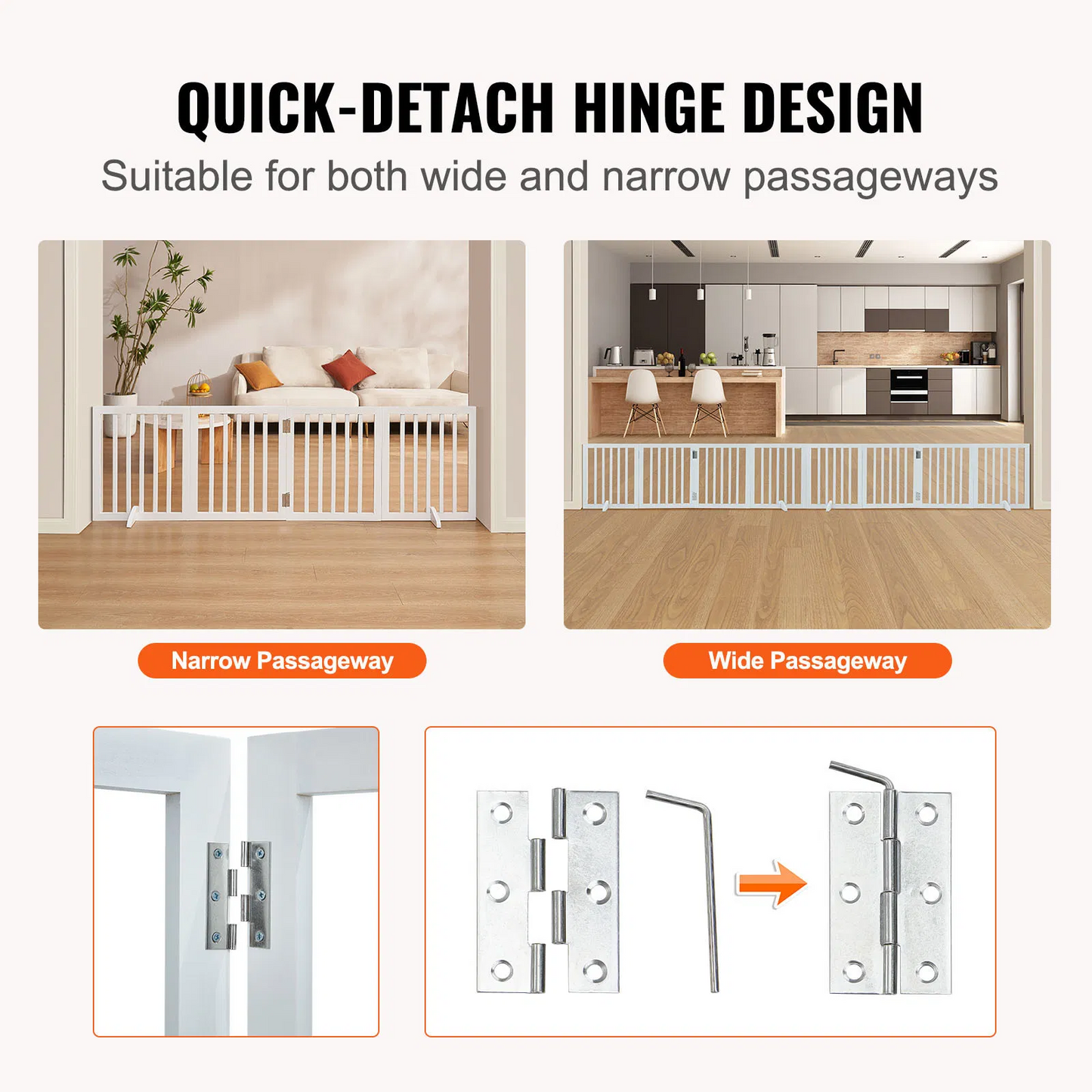 4 panel folding freestanding dog gate with solid wood frame and anti-slip foot supports in a home setting
