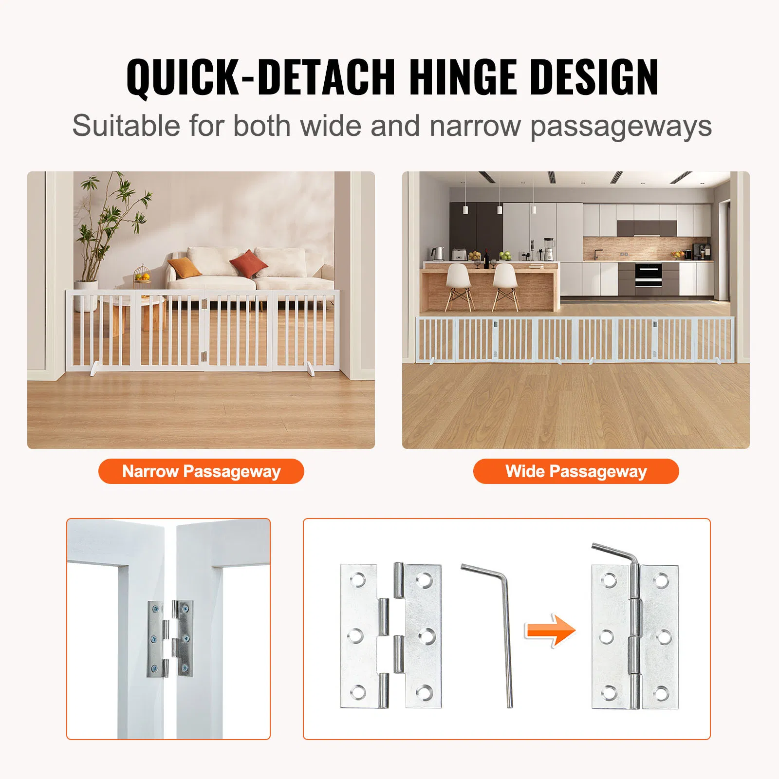 4 panel folding freestanding dog gate with solid wood frame and anti-slip foot supports in a home setting