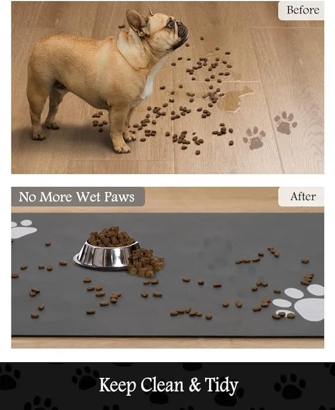 Dog food mat protecting floor from spills with non-slip backing and waterproof design