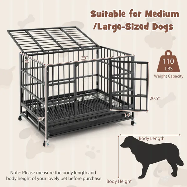 38 inch foldable heavy-duty metal dog cage with lockable rolling casters and double locking doors