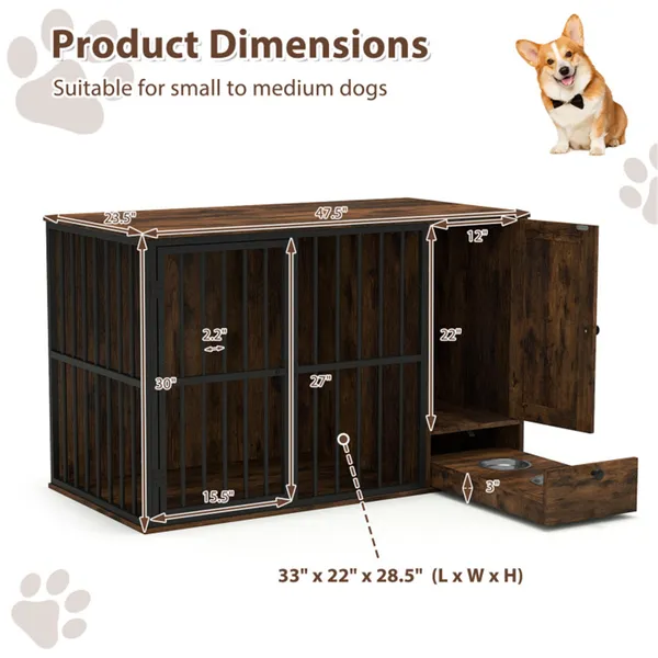 Coffee 2-in-1 furniture style dog crate with pull-out feeder and storage cabinet