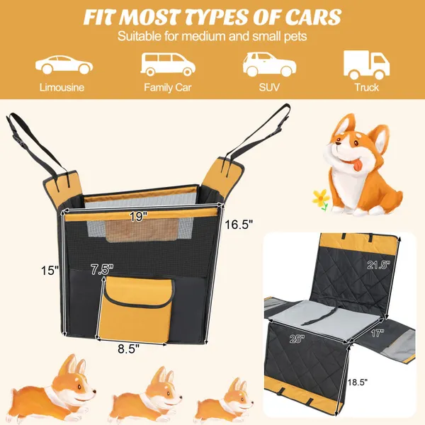 Durable dog car seat cover with mesh window, non-slip bottom, removable pad, safety belt, and side storage pocket