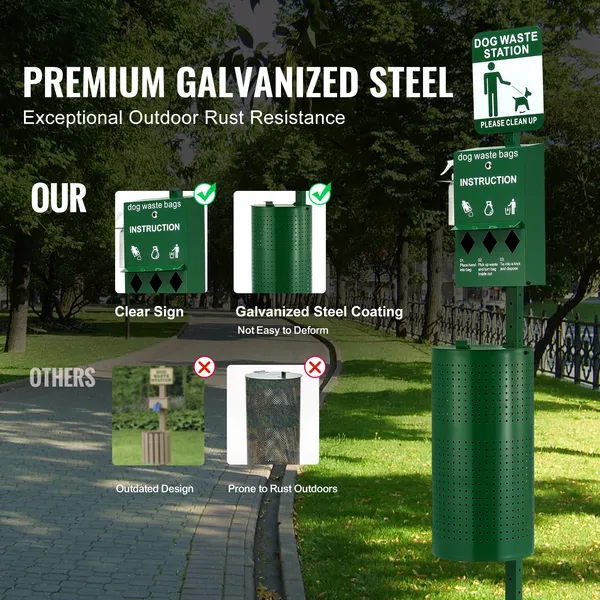 Green galvanized steel dog waste station with 11.5-gallon trash can, bag dispenser, and hand wash bottle in outdoor park setting