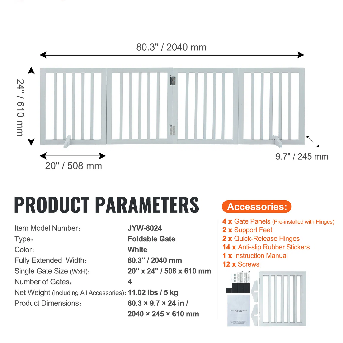4 panel folding freestanding dog gate with solid wood frame and anti-slip feet in home setting