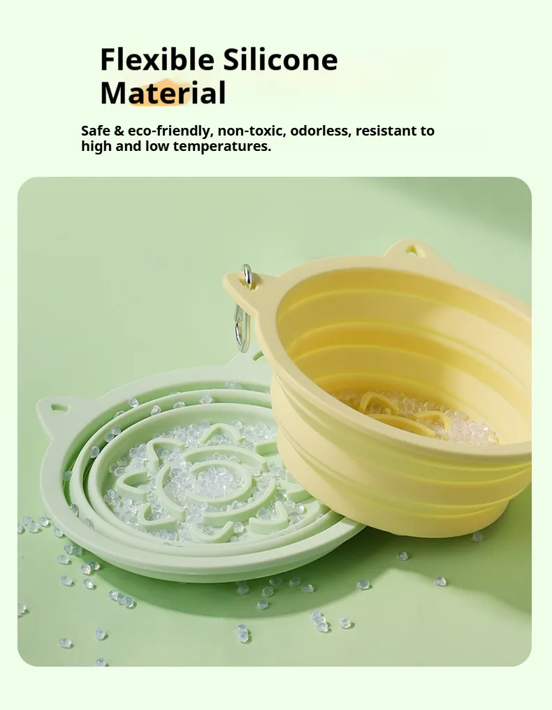 Collapsible travel dog bowl made of durable silicone, shown fully expanded and collapsed for easy storage.