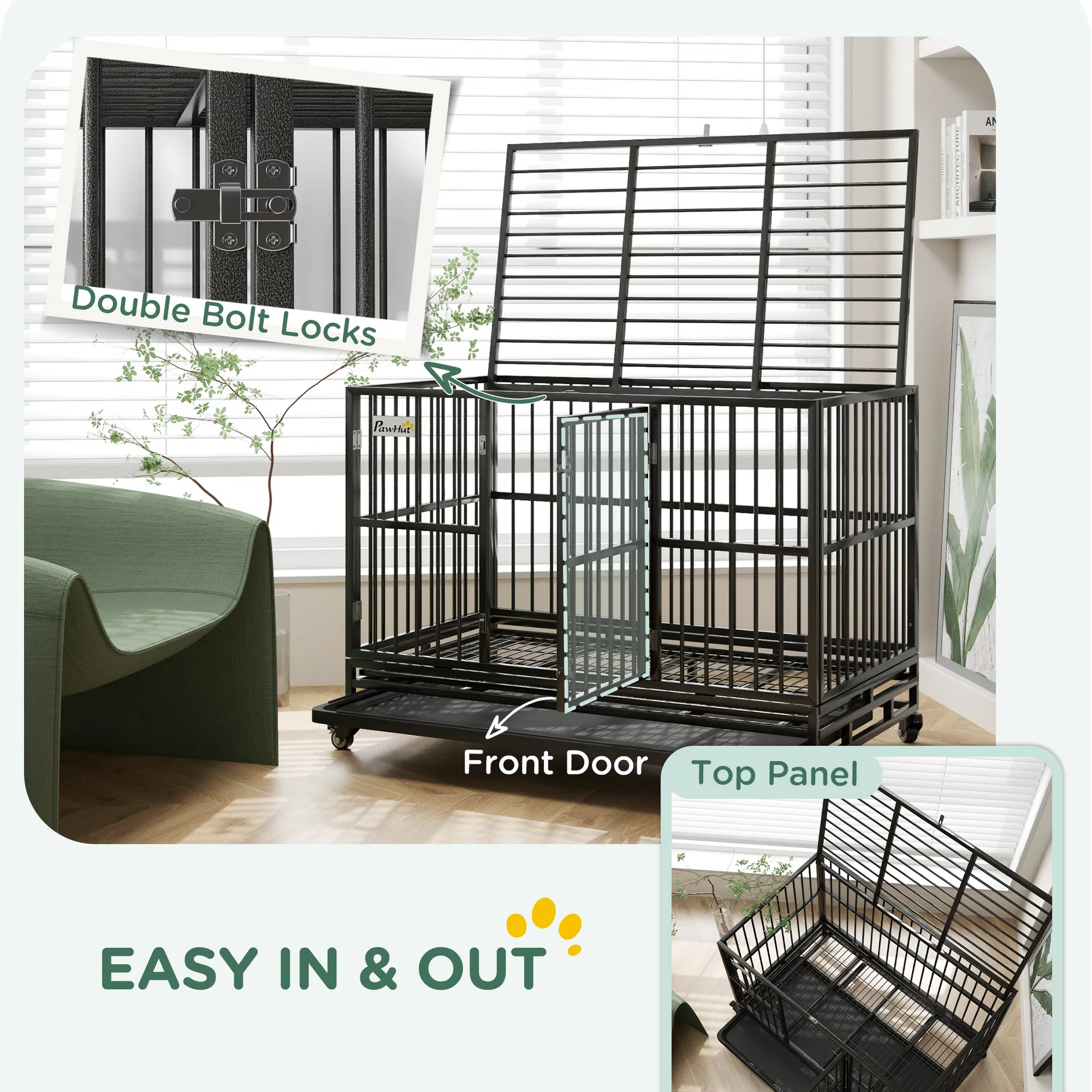 48 inch heavy duty metal dog crate with lockable wheels and dual access doors